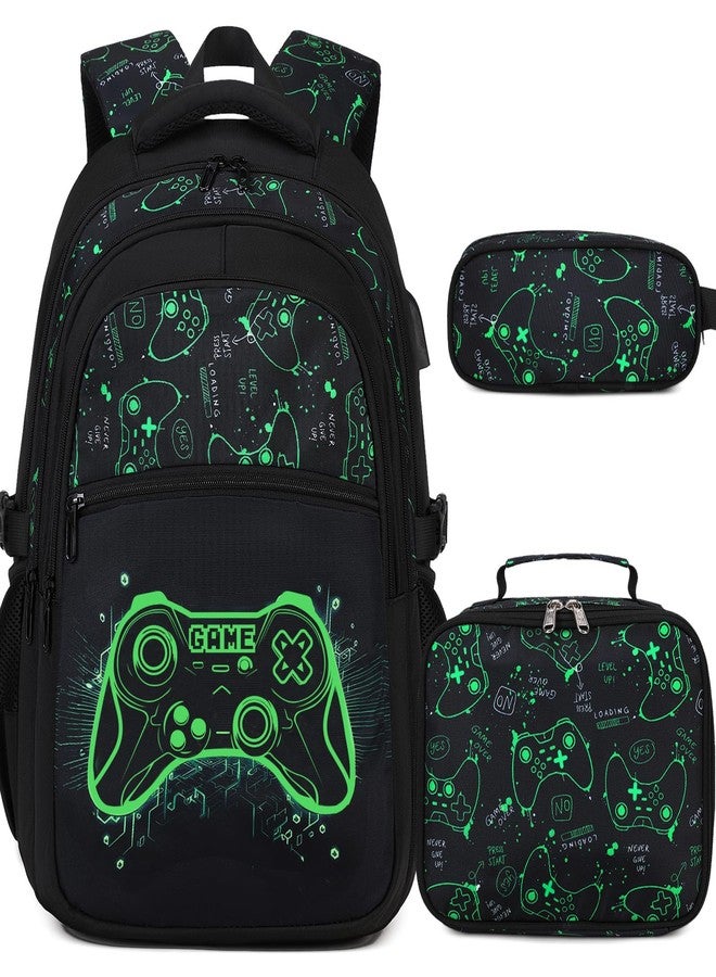 DIGOBAY Boys Backpack for School, 3PCS Cool Luminous Gamer Backpack for Boys with Lunch Box Pencil Case, Green, Daypack Backpacks - Image 1