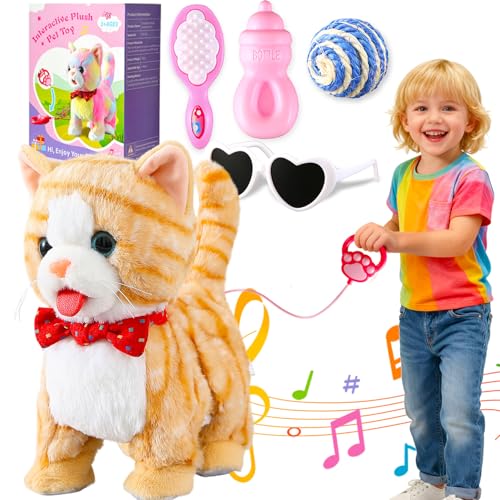 HCdoujoy Yellow Walking Cat for Girls Set Toy Talking Singing Animated Robot Kitty Interactive Plush for Cat for Kids Kitten Robotic Plush That Meow and Purrs Electric Robot for Toddlers Baby - Image 1