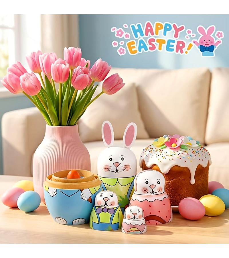 5 Piece Set Of Rabbits Easter Bunny Nesting Dolls Handmade Stackable Toys Holiday Gifts - Image 1