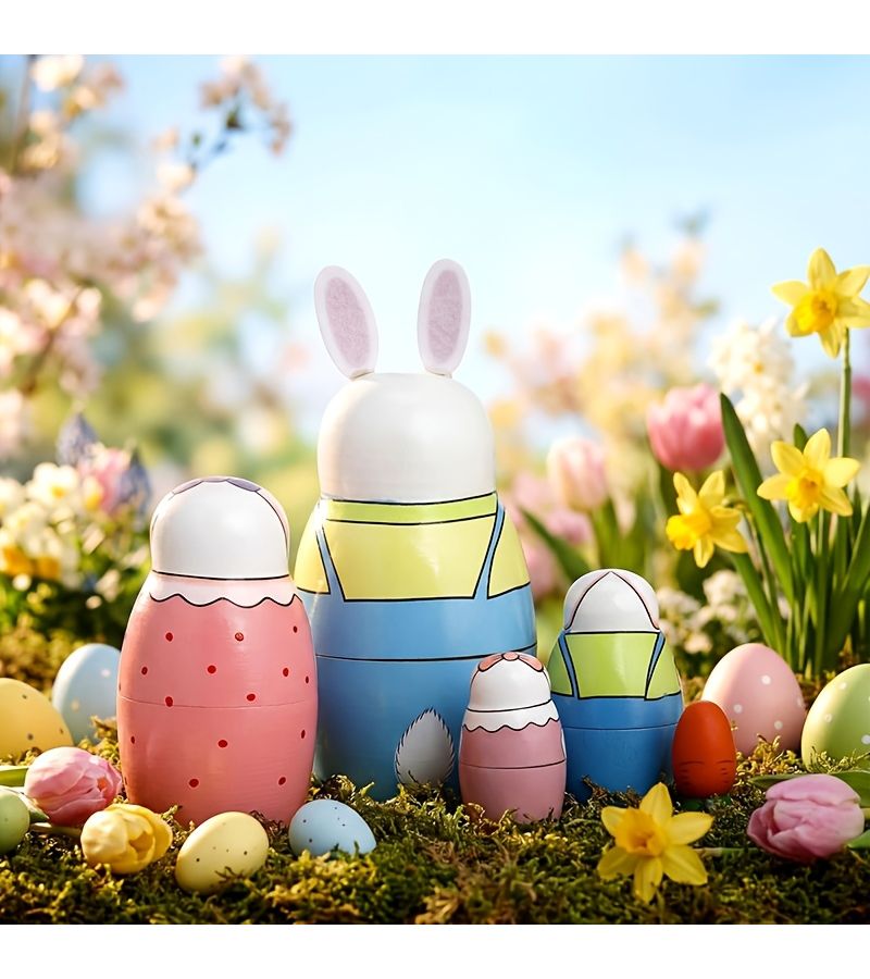 5 Piece Set Of Rabbits Easter Bunny Nesting Dolls Handmade Stackable Toys Holiday Gifts - Image 4