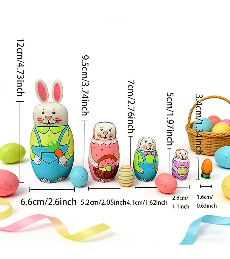 5 Piece Set Of Rabbits Easter Bunny Nesting Dolls Handmade Stackable Toys Holiday Gifts - Image 2