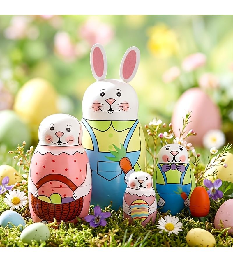 5 Piece Set Of Rabbits Easter Bunny Nesting Dolls Handmade Stackable Toys Holiday Gifts - Image 3