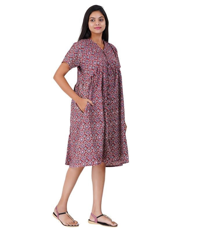 MENMAII Women's Pleated/AliaCut (L to 4XL)- Front Open/Button Down/Maternity/Feeding/Elderly/Hospital Use Short Length Dress -[Maroon ] - Image 2