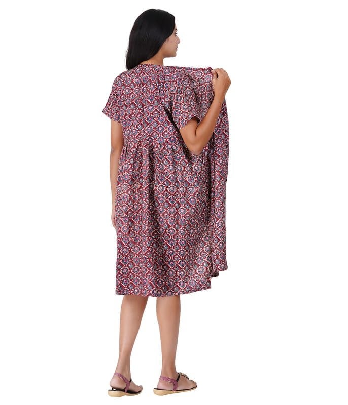 MENMAII Women's Pleated/AliaCut (L to 4XL)- Front Open/Button Down/Maternity/Feeding/Elderly/Hospital Use Short Length Dress -[Maroon ] - Image 4