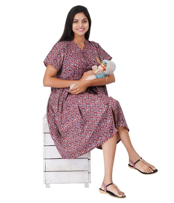 MENMAII Women's Pleated/AliaCut (L to 4XL)- Front Open/Button Down/Maternity/Feeding/Elderly/Hospital Use Short Length Dress -[Maroon ] - Image 3