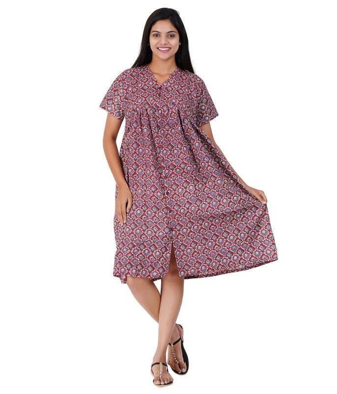 MENMAII Women's Pleated/AliaCut (L to 4XL)- Front Open/Button Down/Maternity/Feeding/Elderly/Hospital Use Short Length Dress -[Maroon ] - Image 1