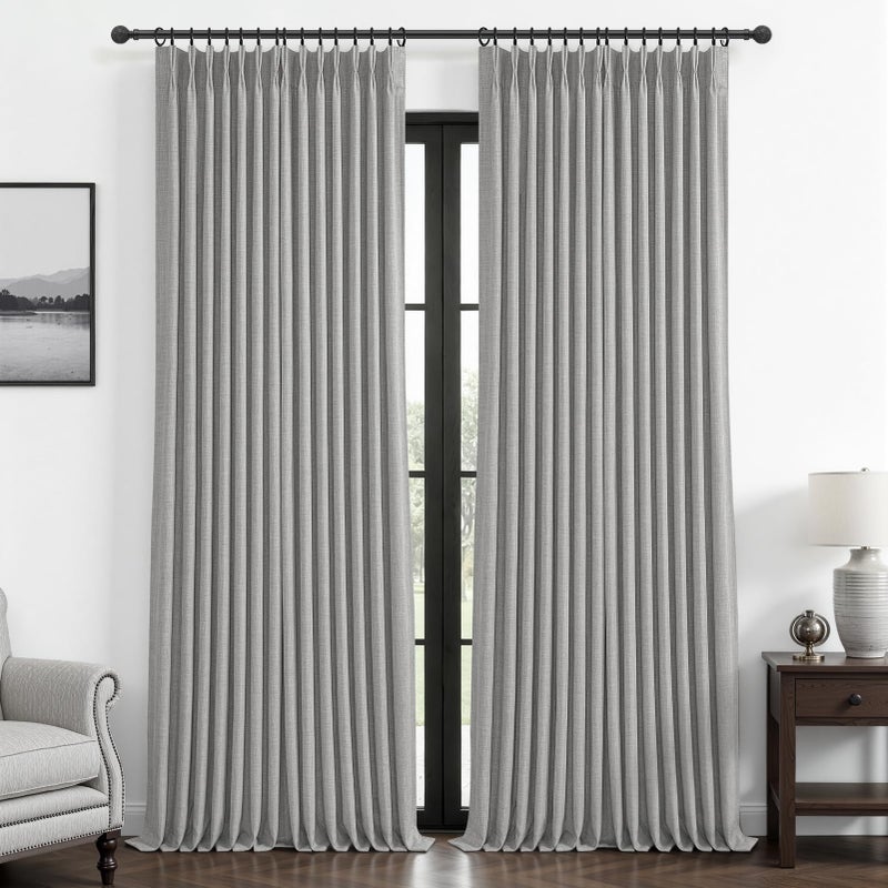 PleatedDrapes Blackout Pinch Pleated Light Grey Curtains 96 Inches Long 2 Panels Set for Bedroom, Memory Trained Dual Layer Thick Linen Noise Cancelling Insulated Modern Windows Curtain with Track System & Back Tab - Image 1