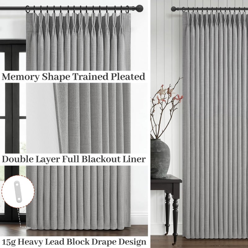 PleatedDrapes Blackout Pinch Pleated Light Grey Curtains 96 Inches Long 2 Panels Set for Bedroom, Memory Trained Dual Layer Thick Linen Noise Cancelling Insulated Modern Windows Curtain with Track System & Back Tab - Image 4