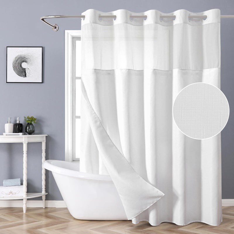 eachope White No Hook Shower Curtain with Snapin Fabric Liner SetSlub Textured Fabric Shower Curtains for BathroomHotel Style Modern Shower CurtainWater Repellent  Washable71x7472