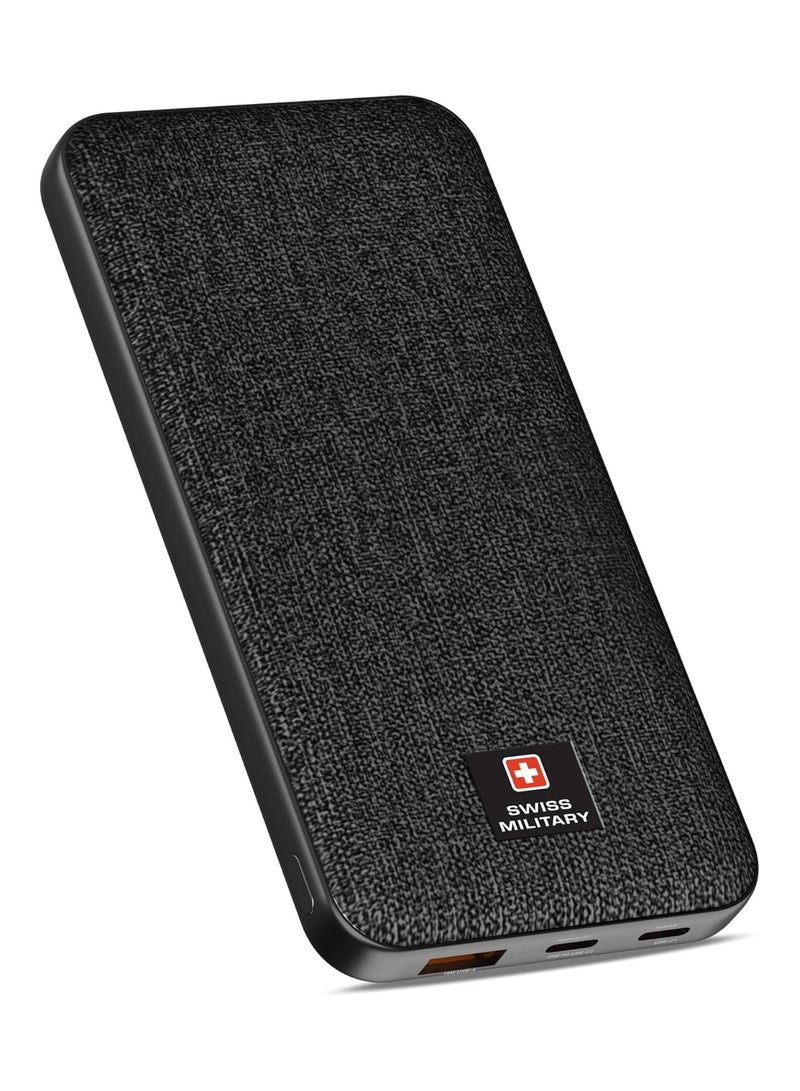 SWISS MILITARY 10000mAh Slim Power Bank (Cable Included) - 20W PD Fast Charging, USB-C & USB-A Ports, LED Indicator, Overcharge Protection for iPhone, Samsung, iPad, Android Tablets - Black - Image 1