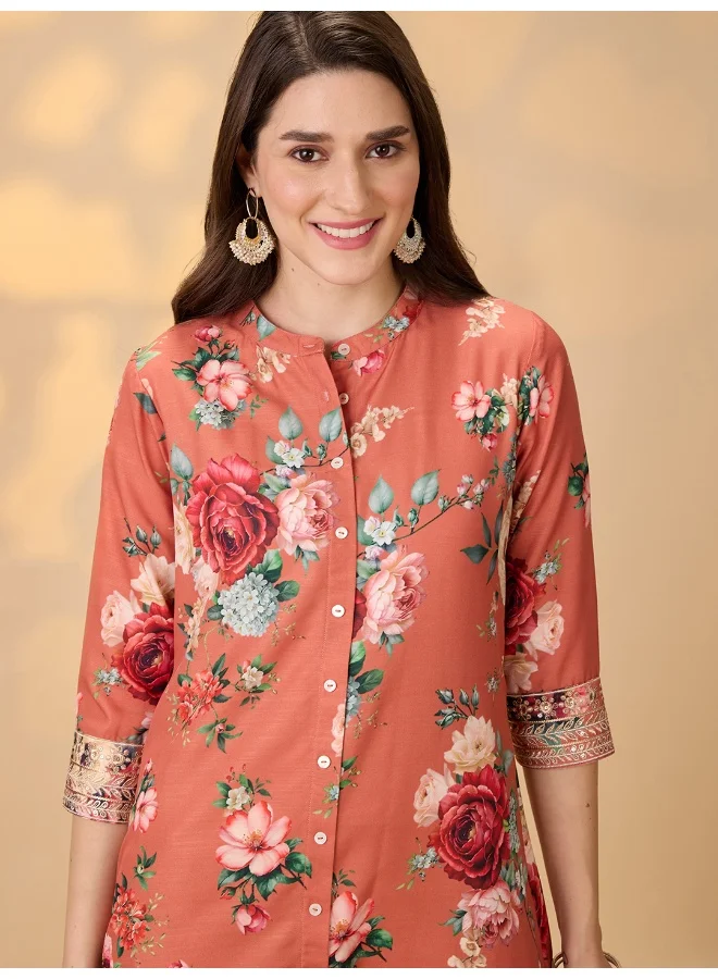 جلو باص Women Orange Mandarin Collar Embroidered Hem Sleeves Floral Print Button Down A-Line Festive Kurta