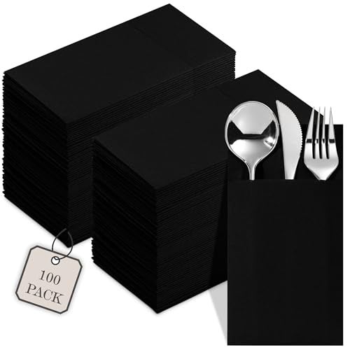 NAPEREE 100-Pack Disposable Napkins With Pocket For Flatware, Black Napkins Paper For Wedding, Dinner Or Party, Built-In Pocket For Silverware, Prefolded - Image 1