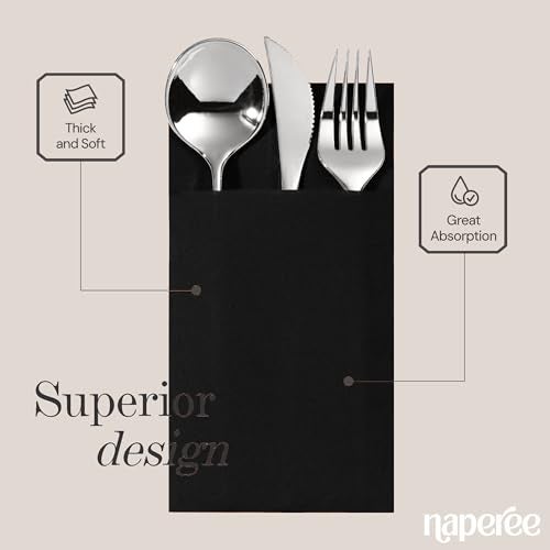 NAPEREE 100-Pack Disposable Napkins With Pocket For Flatware, Black Napkins Paper For Wedding, Dinner Or Party, Built-In Pocket For Silverware, Prefolded - Image 3