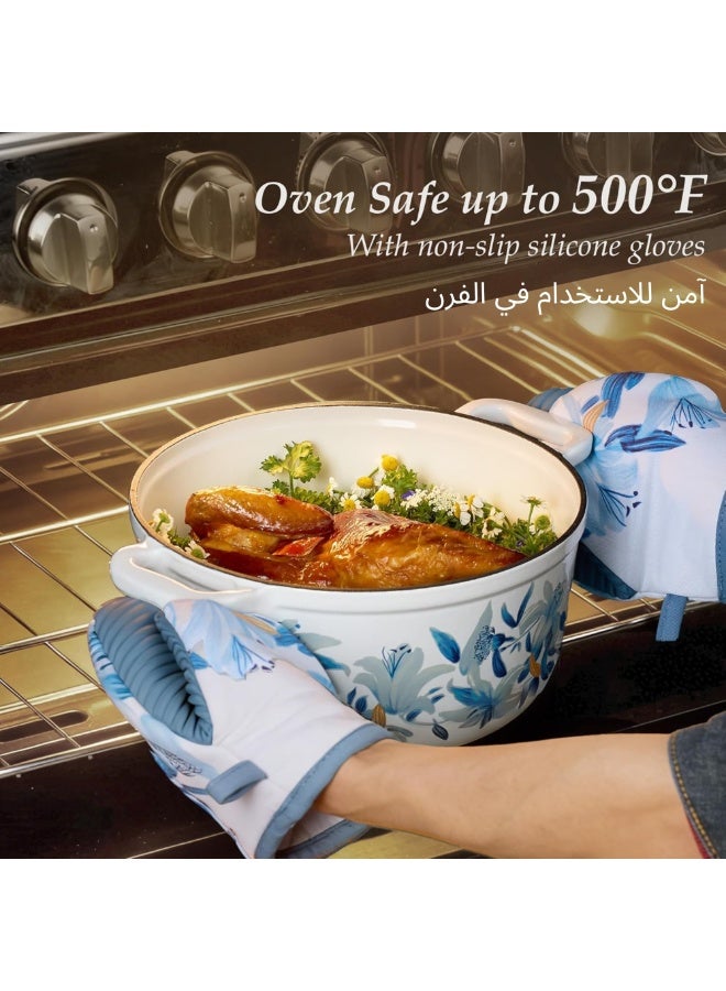 Carote 4.73L (5 QT) Floral Enameled Cast Iron Dutch Oven Pot – Gift Set with Potholders & Oven Gloves, Oven Safe, All Stovetops, PFOA Free, Non-Toxic, Sourdough Bread Baking & Braising, White & Blue - Image 4