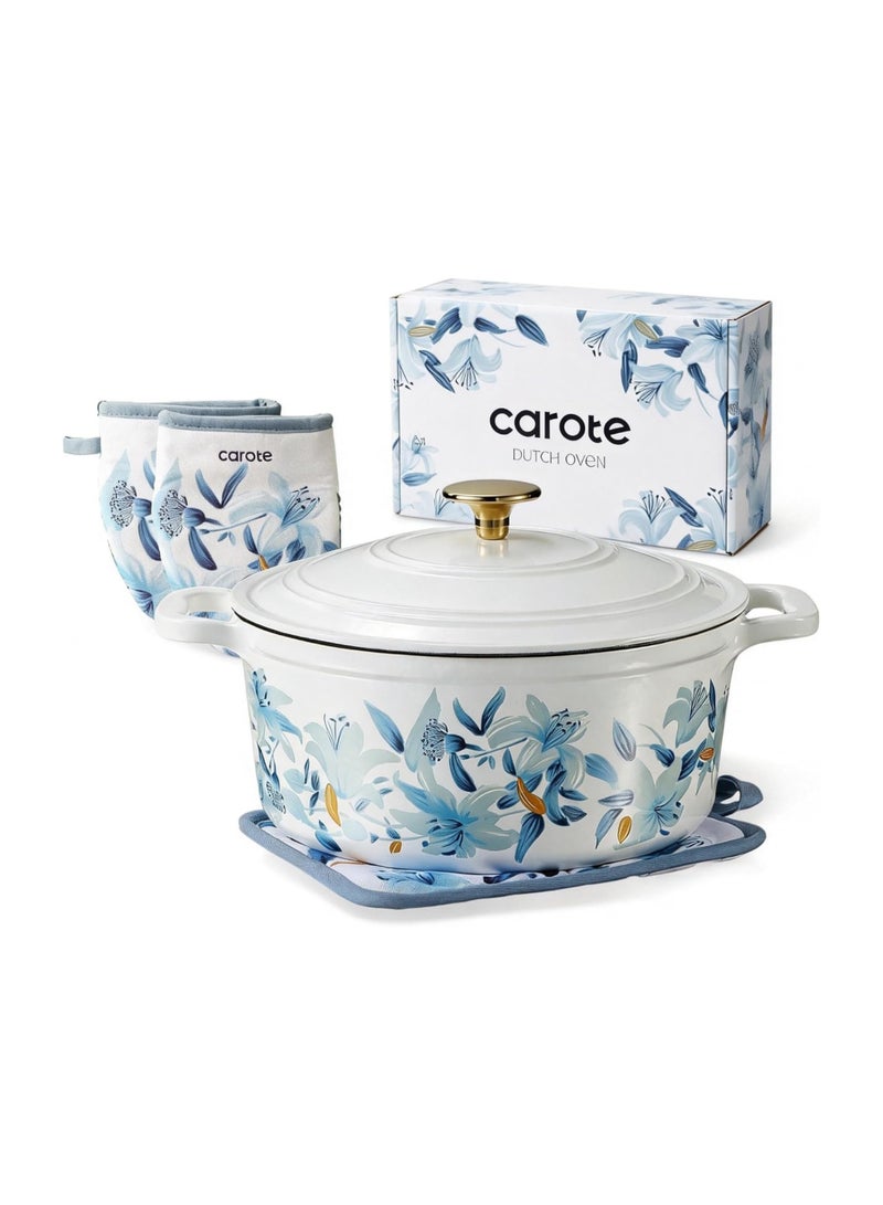 Carote 4.73L (5 QT) Floral Enameled Cast Iron Dutch Oven Pot – Gift Set with Potholders & Oven Gloves, Oven Safe, All Stovetops, PFOA Free, Non-Toxic, Sourdough Bread Baking & Braising, White & Blue - Image 1