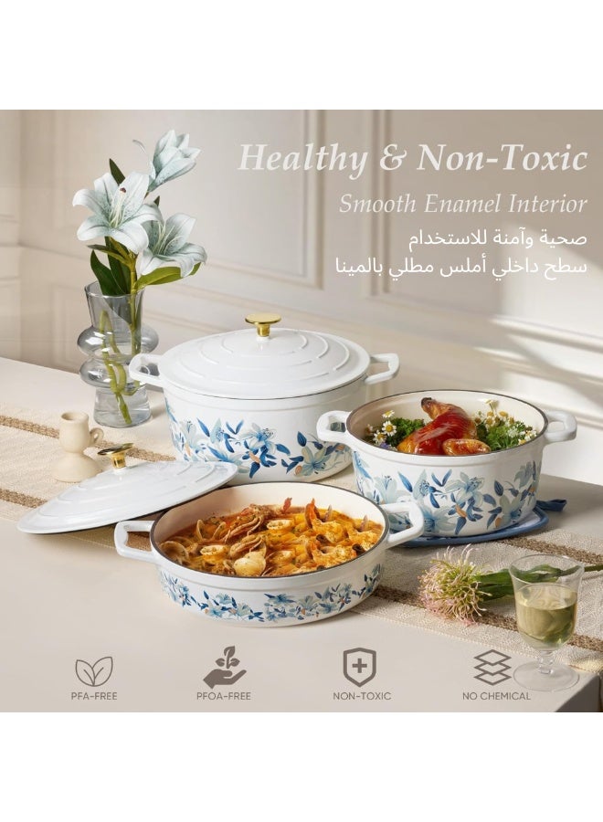 Carote 4.73L (5 QT) Floral Enameled Cast Iron Dutch Oven Pot – Gift Set with Potholders & Oven Gloves, Oven Safe, All Stovetops, PFOA Free, Non-Toxic, Sourdough Bread Baking & Braising, White & Blue - Image 3
