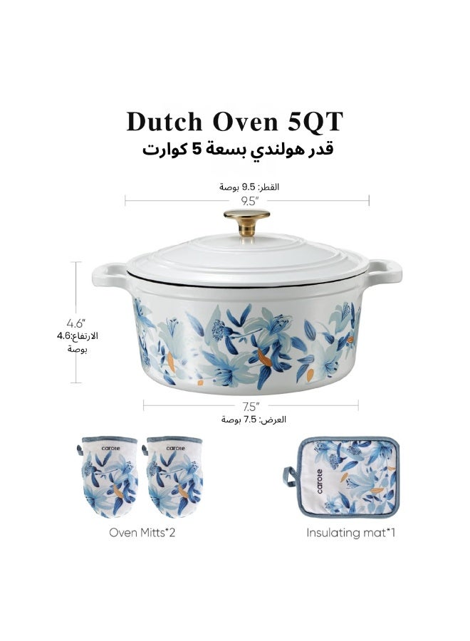 Carote 4.73L (5 QT) Floral Enameled Cast Iron Dutch Oven Pot – Gift Set with Potholders & Oven Gloves, Oven Safe, All Stovetops, PFOA Free, Non-Toxic, Sourdough Bread Baking & Braising, White & Blue - Image 2