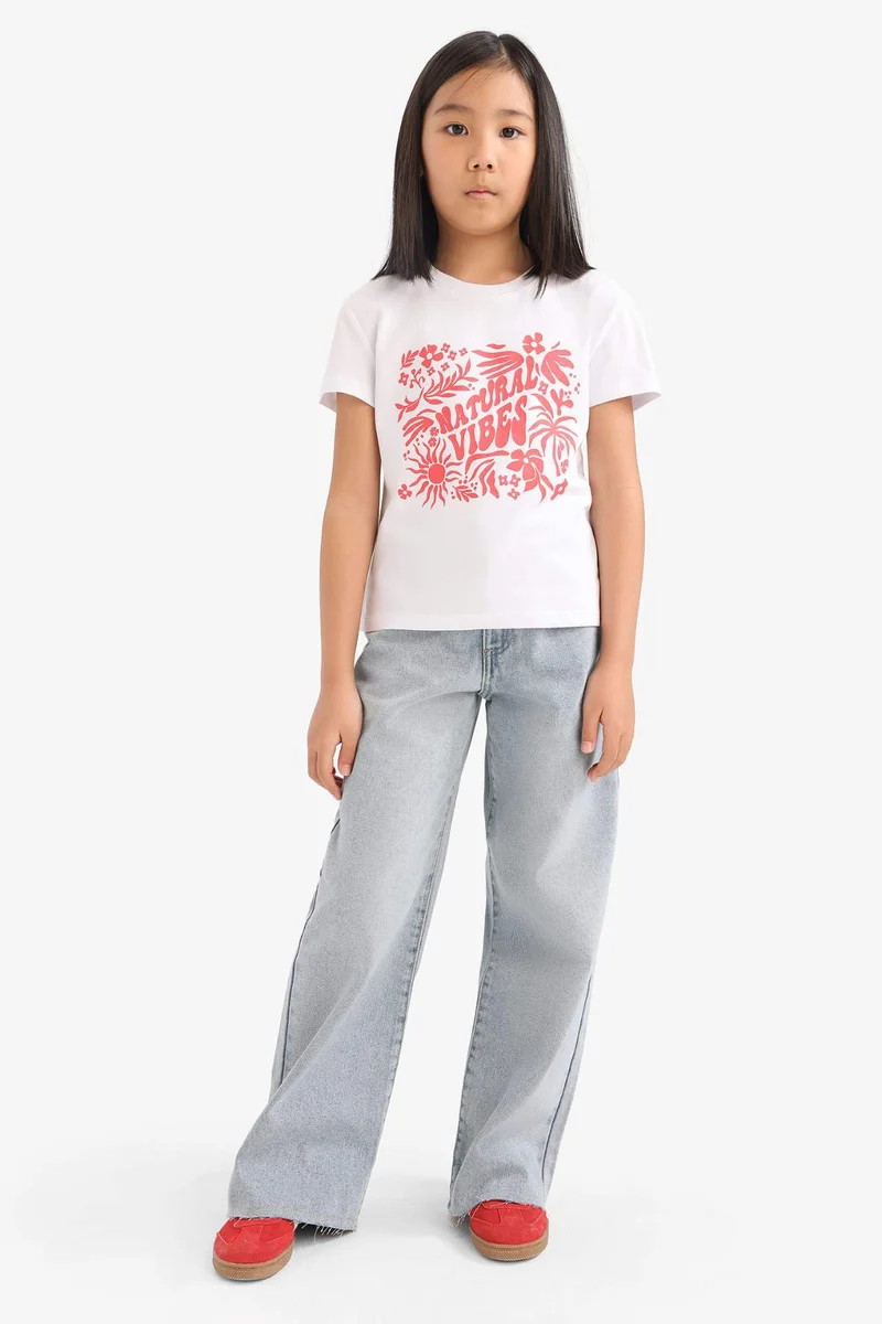 ديفاكتو Girl Regular Fit Crew Neck Printed T-Shirt