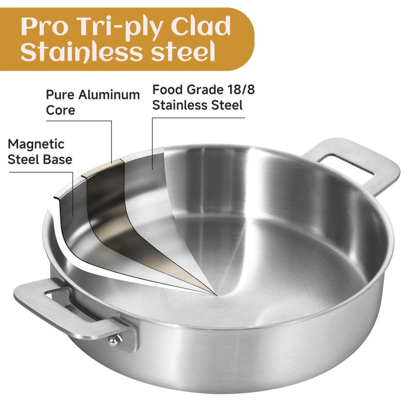 LOLYKITCH SautÃ© Pan, 7 QT Tri-Ply Stainless Steel Deep Cooking Pot, 12 Inch Everyday Pan with Lid, Large Induction Frying Skillet Compatible with All Cooktops, Two Ergonomic Handles for Conversion - Image 3