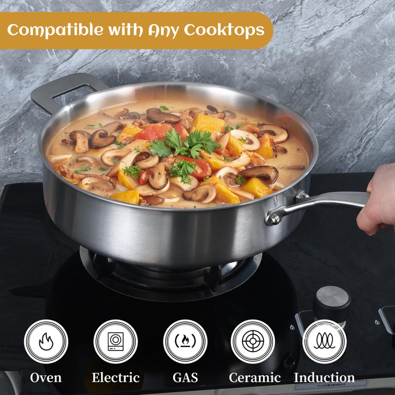 LOLYKITCH SautÃ© Pan, 7 QT Tri-Ply Stainless Steel Deep Cooking Pot, 12 Inch Everyday Pan with Lid, Large Induction Frying Skillet Compatible with All Cooktops, Two Ergonomic Handles for Conversion - Image 4