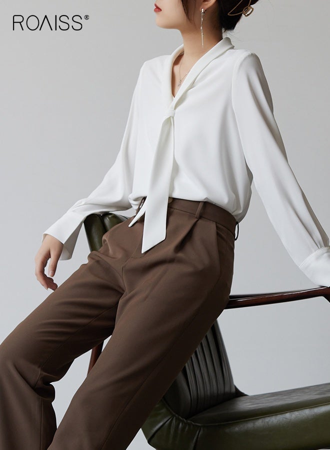 رويس بلوزة شيفون أنيقة بيضاء للنساء بأكمام طويلة وفتحة رقبة على شكل حرف V مع تفاصيل متدلية رقيقة، بلوزة احترافية خفيفة الوزن - Image 5