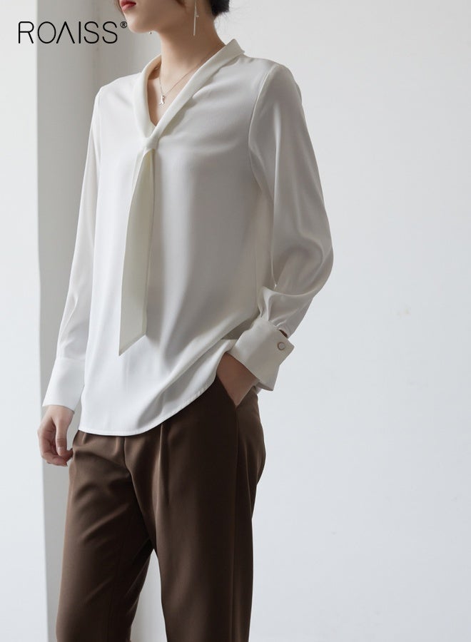 رويس بلوزة شيفون أنيقة بيضاء للنساء بأكمام طويلة وفتحة رقبة على شكل حرف V مع تفاصيل متدلية رقيقة، بلوزة احترافية خفيفة الوزن - Image 2