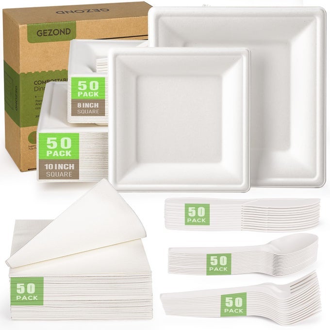 COMPOSTABLE PAPER PLATES SET 300PCS DISPOSABLE SUGARCANE PLATES 10 INCH ECOFRIENDLY WHITE SQUARE PLATE WITH NAPKINS BIODEGRADABLE HEAVYDUTY UTENSILS FOR PARTY