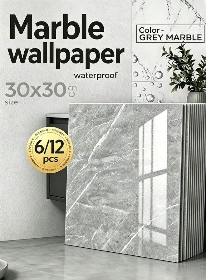 Comysubao 6/12-Pack Wall Panels for Interior Wall Decor, Glossy Marble Pattern Wallpaper Self Adhesive Waterproof Oil Resistant Accent Wall Paneling, Decorative Wall Stickers Ideal for Home Decor and Renovation Durable Wall Covering Solution, Grey - Image 1
