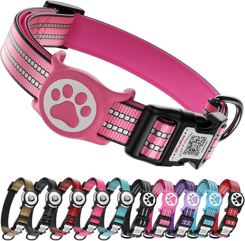 ILFINDYOU AirTag Dog Collar, IP69 Waterproof Apple AirTag Holder for Reflective Dog Collar, QR Code Personalized Dog Tags (Rose Red, Small) - Image 1
