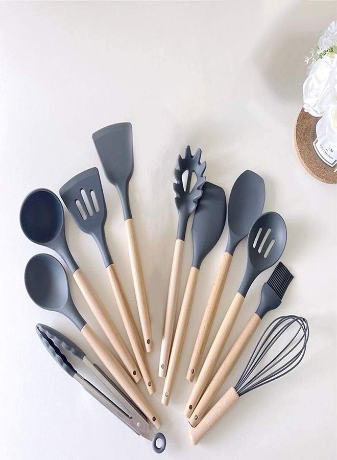 11- Piece Wooden Handle Non Stick Cookware Spoon Set Grey - Image 3