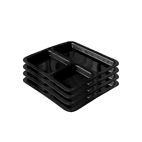 AWICKTIK Set of 6 Plastic 3 in 1 Pav BhajiPartition Plate Unbreakable Kitchen and Dining Deep Compartment 23 x 23 x 26 cm 9 Inches Black - Image 5