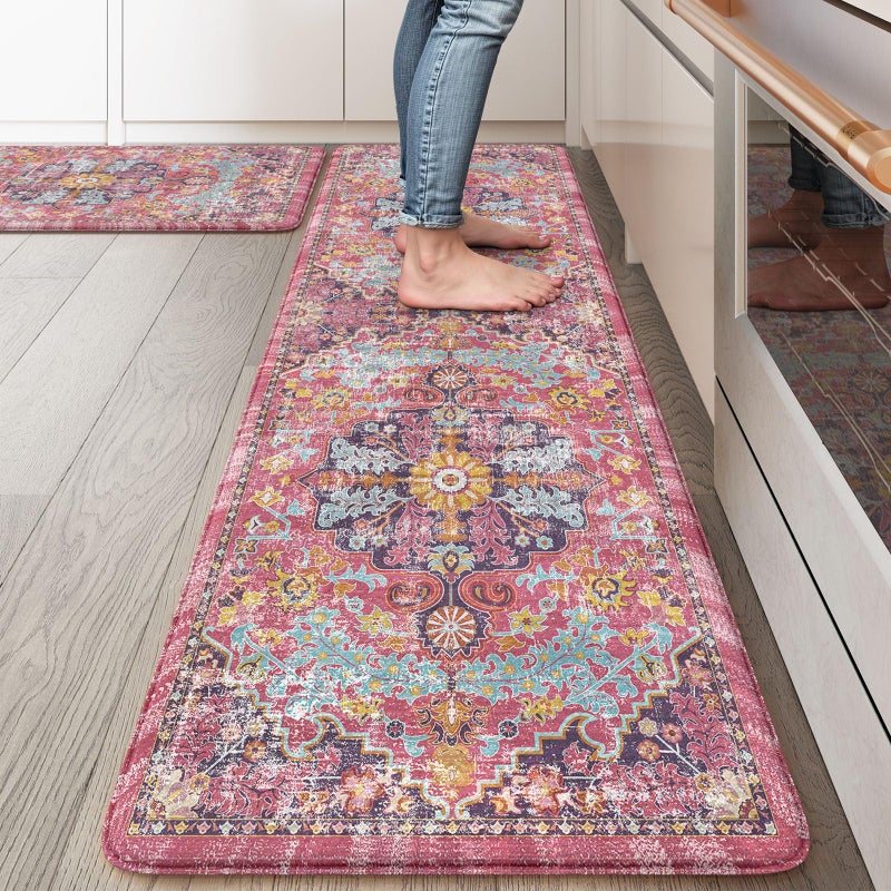 KIMODE Anti Fatigue Kitchen Mat Cushioned Boho Kitchen Rugs Sets of 2 Non Slip Farmhouse Kitchen Mat for Floor Waterproof Standing Desk Mat for Laundry Office Sink FuchsiaMulti 17x5917x29