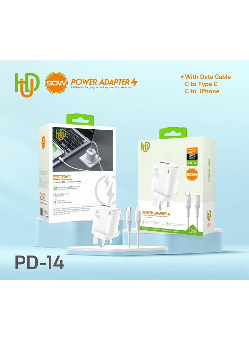 50W PD USB Power Adapter - Fast Charging with Data Cable (C to Type C, C to iPhone) - PD-14 Model