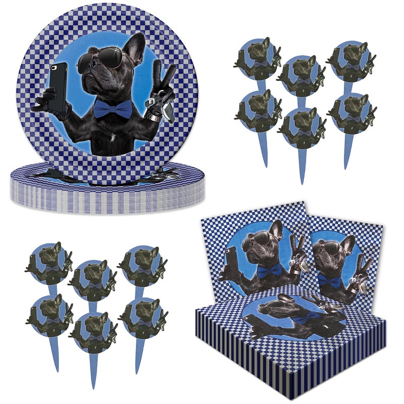 Havercamp Cool Bulldog or Dog Theme Party Set for 16 Guests Including 16 ea 9 Dinner Plates and Luncheon Napkins and 24 Festive Party Picks - Image 4
