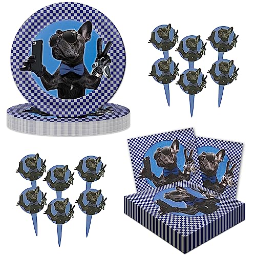 Havercamp Cool Bulldog or Dog Theme Party Set for 16 Guests Including 16 ea 9 Dinner Plates and Luncheon Napkins and 24 Festive Party Picks - Image 1
