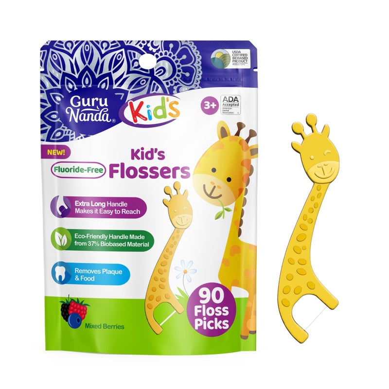GuruNanda Dental Floss Picks for Kids, Extra-Long Giraffe-Shaped Picks, Fluoride-Free, Anti-Slip & Shred-Resistant Design & Eco-Friendly Handle & Berry Flavor, Ideal for Ages 3+, 90 Count (Pack of 1) - Image 1