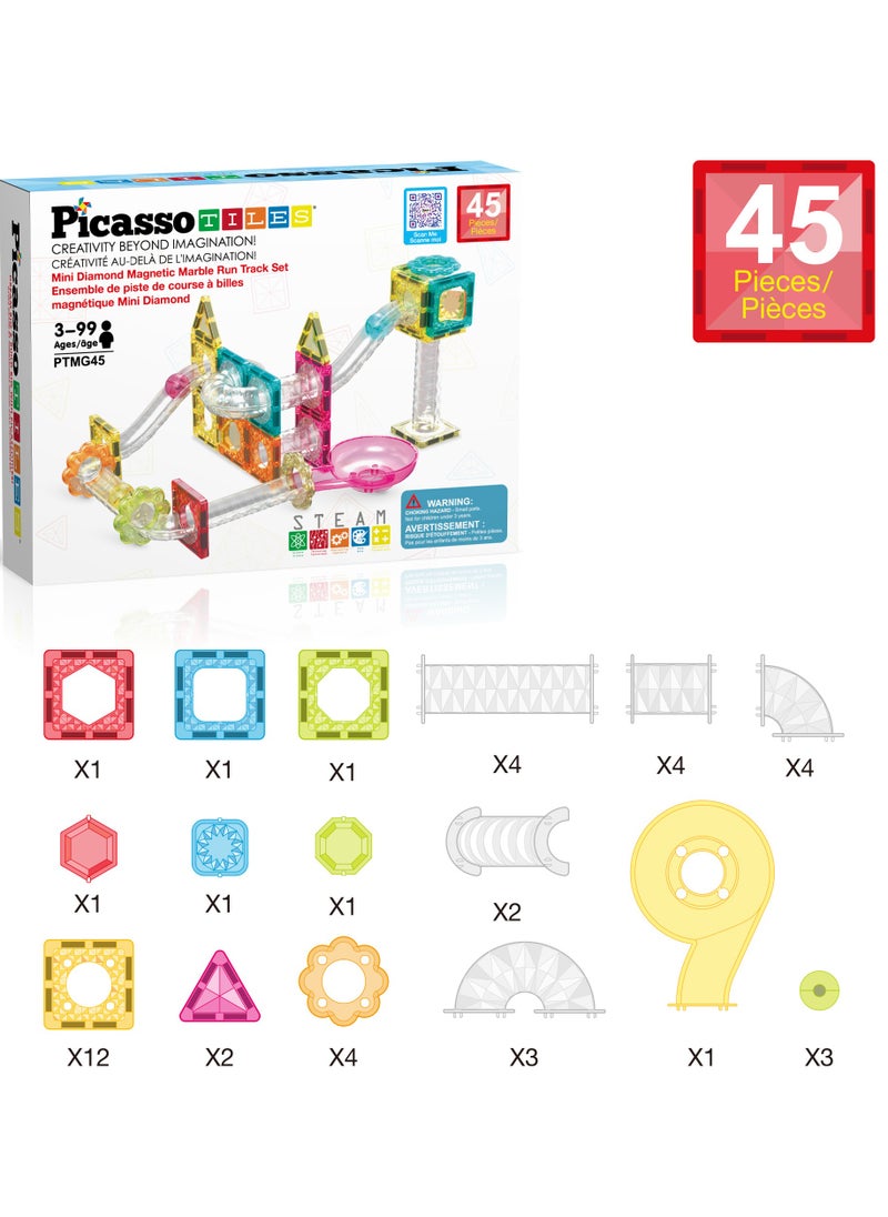 PicassoTiles - Magnetic Mini Diamond Marble Run Track Set 45 Pieces, Magnetic Tiles, Building Blocks, Educational Toy Set, Construction Building Kit For Child Brain Development - Image 1