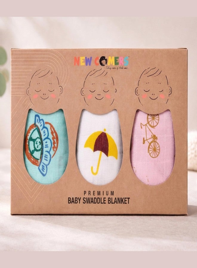 NEW COMERS® Cotton Muslin Baby Swaddle Set, Multicolor Printed Muslin Swaddle Wrap for New Born Baby, Soft Pure Cotton Sheet Baby Wrap Set, Baby Product (Swaddle_10) - Image 2