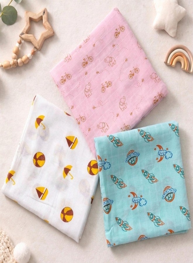NEW COMERS® Cotton Muslin Baby Swaddle Set, Multicolor Printed Muslin Swaddle Wrap for New Born Baby, Soft Pure Cotton Sheet Baby Wrap Set, Baby Product (Swaddle_10) - Image 3