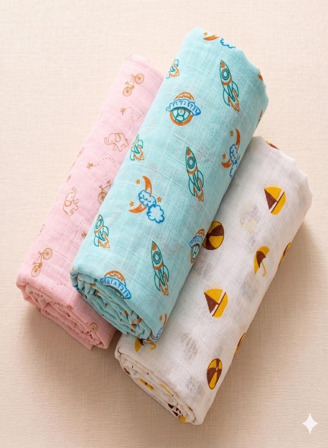NEW COMERS® Cotton Muslin Baby Swaddle Set, Multicolor Printed Muslin Swaddle Wrap for New Born Baby, Soft Pure Cotton Sheet Baby Wrap Set, Baby Product (Swaddle_10) - Image 1