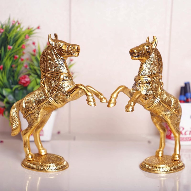 KridayKraft Jumping Horse Set Metal Statue For WealthIncomeShining And Bright FutureTable Top Figurine For Living RoomOfficeBedroomDecorativeFeng ShuiVanstuAnimal Showpiece FigurinesGold - Image 1