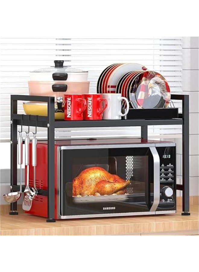 TRASSLE Extendable Microwave Oven Rack, Adjustable Microwave/Toaster Shelf Heavy Duty Stand Kitchen Counter Top Organizer, 2 Tier with 6 Hooks - Image 1