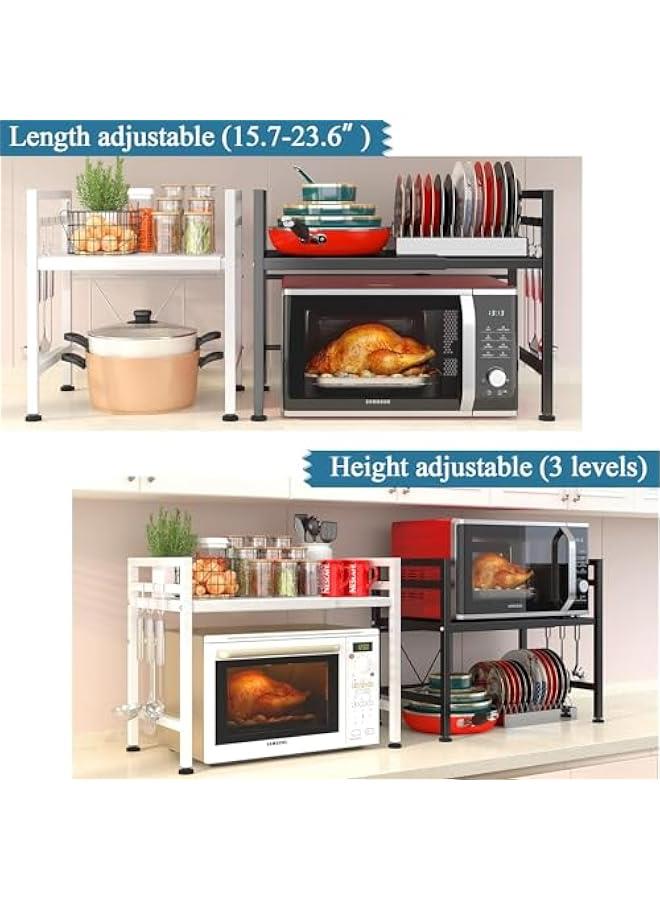 TRASSLE Extendable Microwave Oven Rack, Adjustable Microwave/Toaster Shelf Heavy Duty Stand Kitchen Counter Top Organizer, 2 Tier with 6 Hooks - Image 3