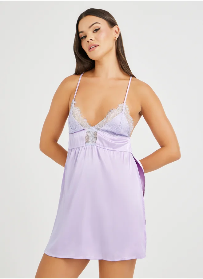 Take Two Take Two Lace Trim Split Thigh Satin Slip Dress