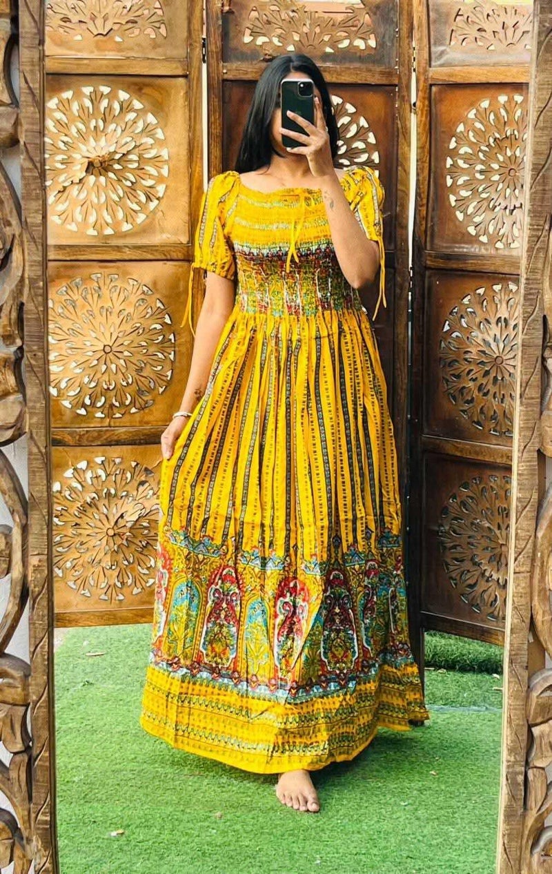 Ukal Floral Maxi Printed Rayon Half Sleeves Bobbin One Piece fit and Flare Long Dress tie dye Pattern Comfy Night Wear Gown for Women's and Girl's Multi-Colour (Yellow, M) - Image 2