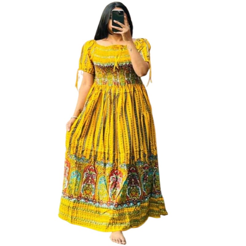 Ukal Floral Maxi Printed Rayon Half Sleeves Bobbin One Piece fit and Flare Long Dress tie dye Pattern Comfy Night Wear Gown for Women's and Girl's Multi-Colour (Yellow, M) - Image 4