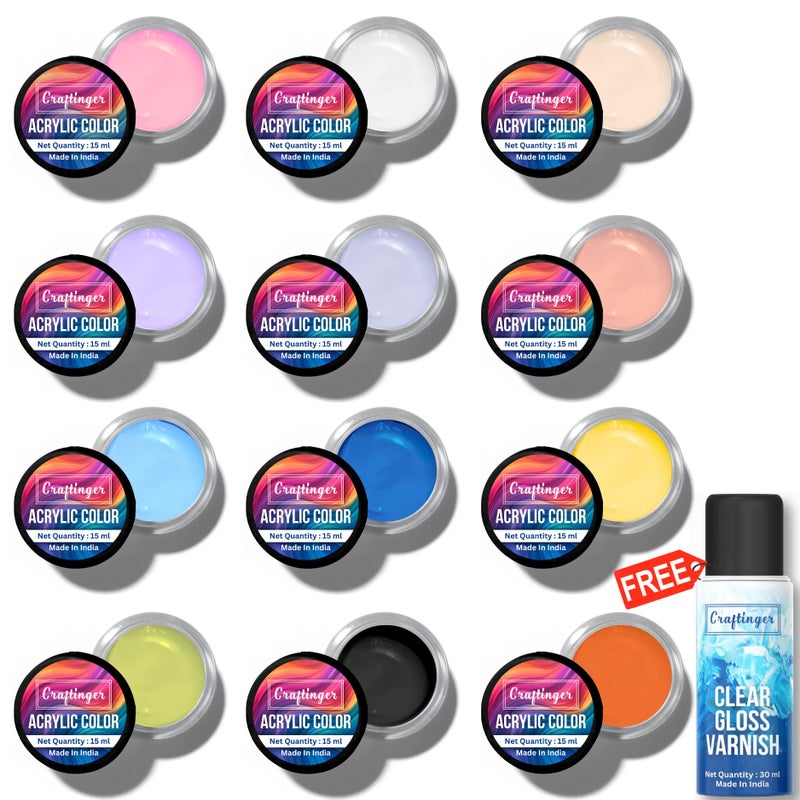Craftinger 12-Sets Acrylic Colours with 15ml Varnish | Each 15ml Pastel & Essential Paint | Multi-Surface color for Canvas, Wood, Glass, Metal, Plastic & More | Set for Adults, for Artists, students, Children & Hobbyists - Image 1