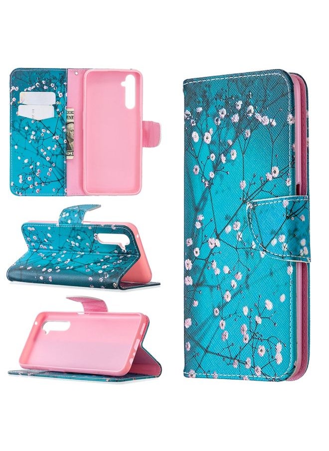 HuHa Case Cover For Realme 6 Pro Colored Drawing Pattern Horizontal Flip Leather Case with Holder & Card Slots & Wallet Plum Blossom 