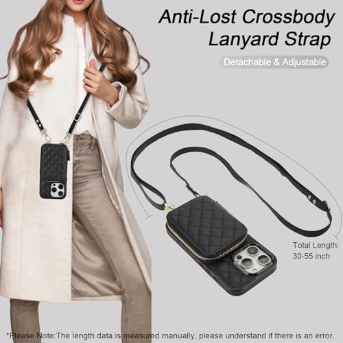 Bocasal Crossbody Wallet Case for iPhone 16 Pro, RFID Blocking PU Leather Zipper Handbag Purse Flip Cover, Kickstand Folio Case with Card Slots Holder Wrist Strap Lanyard 5G 6.3 Inch (Black) - Image 5