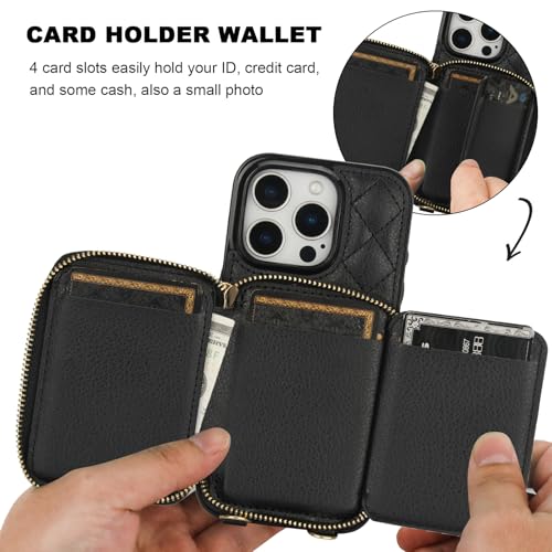 Bocasal Crossbody Wallet Case for iPhone 16 Pro, RFID Blocking PU Leather Zipper Handbag Purse Flip Cover, Kickstand Folio Case with Card Slots Holder Wrist Strap Lanyard 5G 6.3 Inch (Black) - Image 4